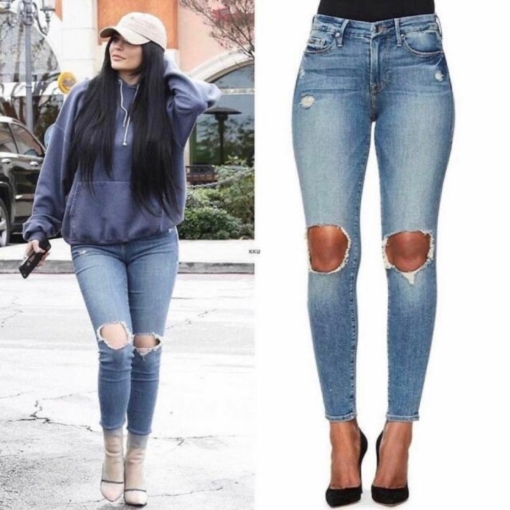 Good American Good Legs Crop Jeans Blue Size 25 Distressed Busted Knee
